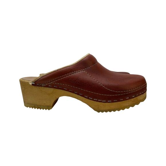 Olaf Daughters Vintage 70s Rusty Brown Leather Swedish Wooden Clogs Size 37 - Picture 5 of 9